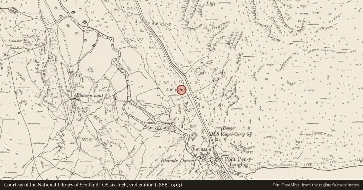 Ordnance Survey six-inch map, 2nd edition (1888–1913) covering the location of The Holyhead Road: the Ogwen Pass, Llanllechid, Gwynedd, with a pin at the register's coordinates
