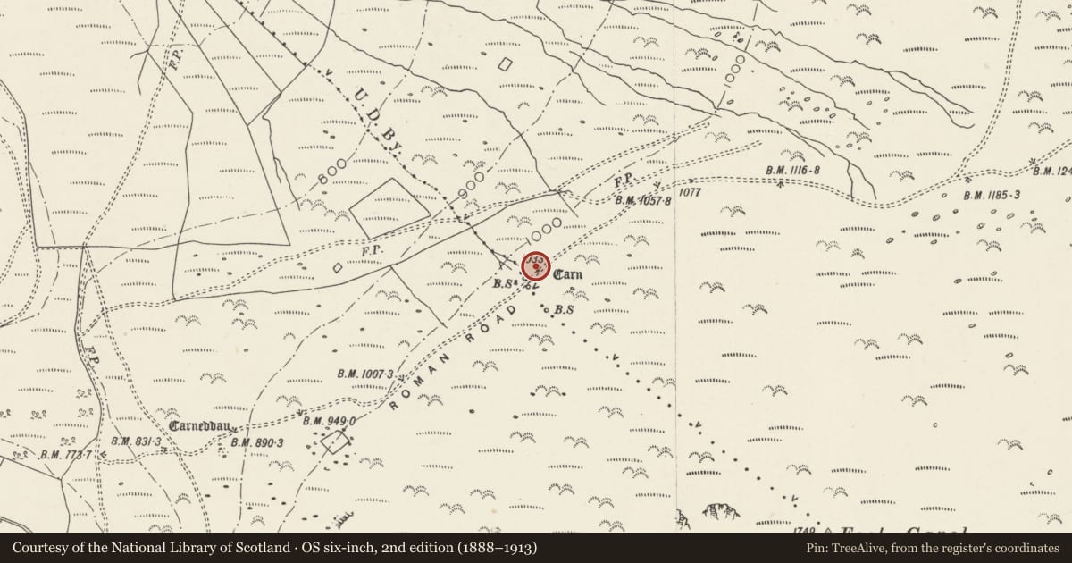 Ordnance Survey six-inch map, 2nd edition (1888–1913) covering the location of Round Cairn, Aber, Gwynedd, with a pin at the register's coordinates