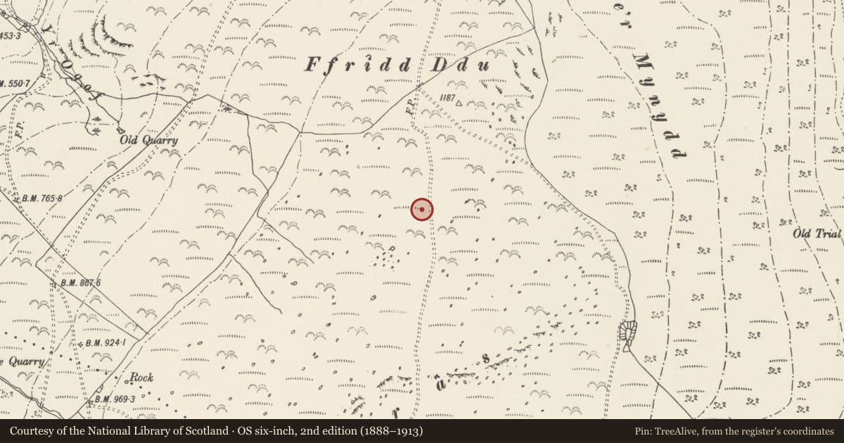 Ordnance Survey six-inch map, 2nd edition (1888–1913) covering the location of Round Cairn, Aber, Gwynedd, with a pin at the register's coordinates