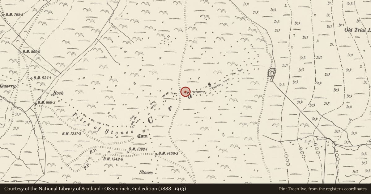 Ordnance Survey six-inch map, 2nd edition (1888–1913) covering the location of Cras Cairn, Aber, Gwynedd, with a pin at the register's coordinates