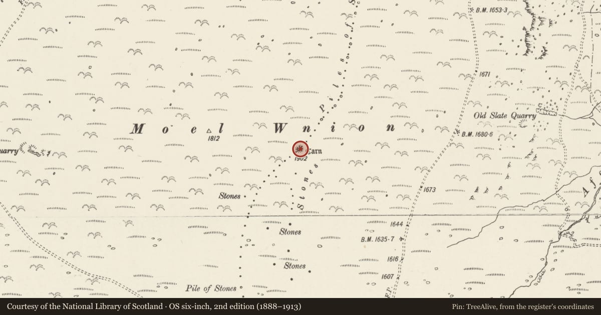 Ordnance Survey six-inch map, 2nd edition (1888–1913) covering the location of Moel Wnion cairn, Llanllechid, Gwynedd, with a pin at the register's coordinates