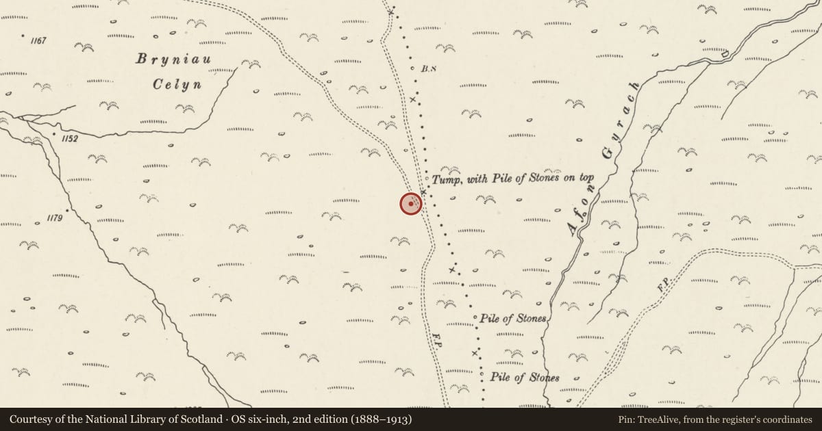 Ordnance Survey six-inch map, 2nd edition (1888–1913) covering the location of Cerrig Gwynion cairn, Llanfairfechan, Conwy, with a pin at the register's coordinates