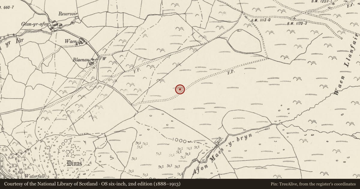 Ordnance Survey six-inch map, 2nd edition (1888–1913) covering the location of Waun Llanfair barrow, Llanfairfechan, Conwy, with a pin at the register's coordinates