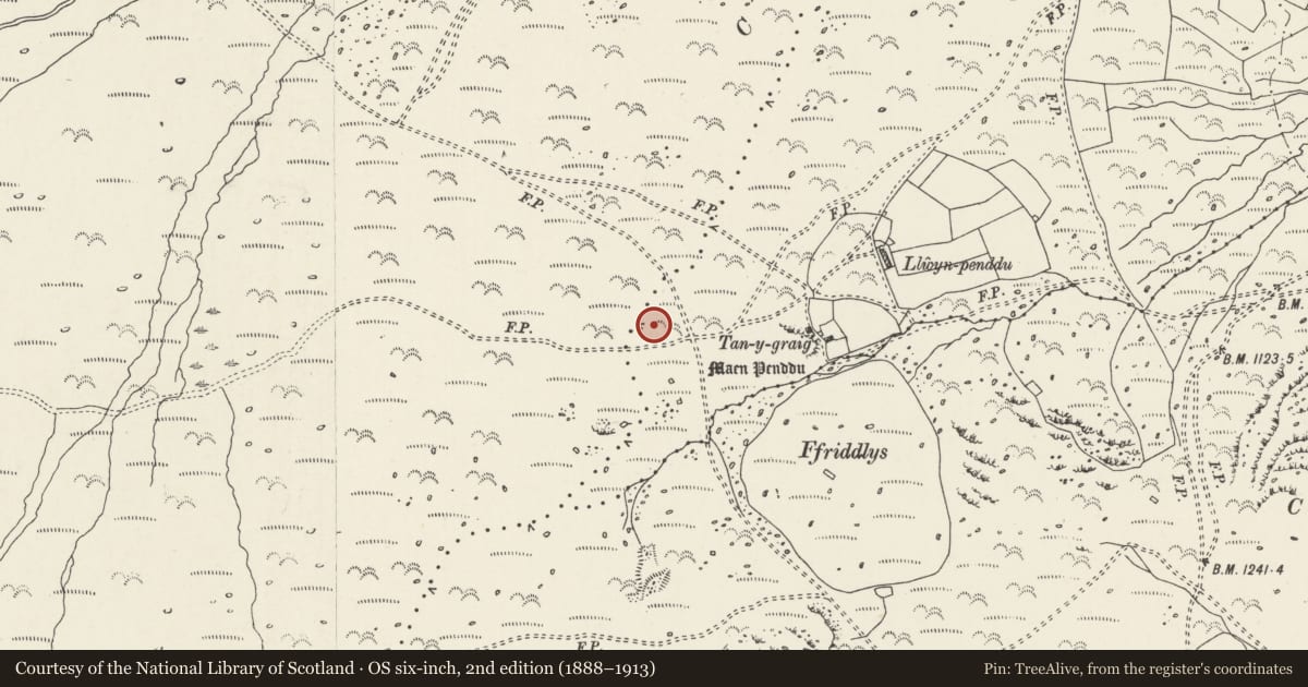 Ordnance Survey six-inch map, 2nd edition (1888–1913) covering the location of Cefn Maen Amor cairn, Henryd, Conwy, with a pin at the register's coordinates