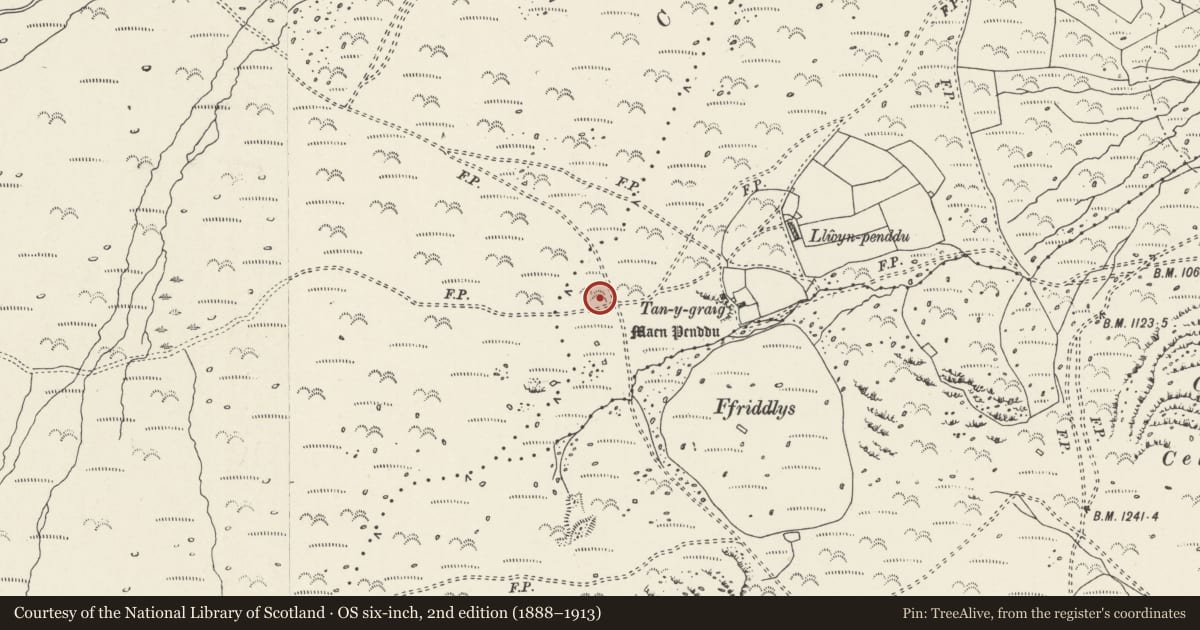 Ordnance Survey six-inch map, 2nd edition (1888–1913) covering the location of Cefn Maen Amor stone circle, Henryd, Conwy, with a pin at the register's coordinates