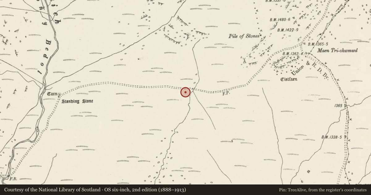 Ordnance Survey six-inch map, 2nd edition (1888–1913) covering the location of Bwlch Cowlyd cairn, Capel Curig, Conwy, with a pin at the register's coordinates