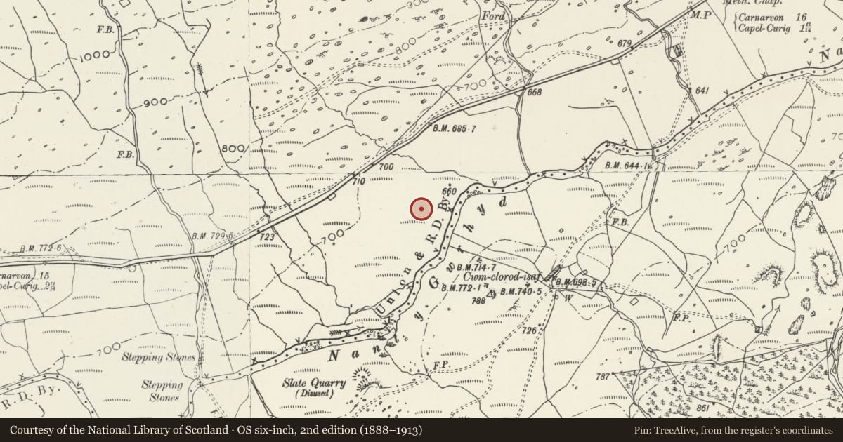 Ordnance Survey six-inch map, 2nd edition (1888–1913) covering the location of Dyffryn Mymbyr cairn circle, Capel Curig, Conwy, with a pin at the register's coordinates