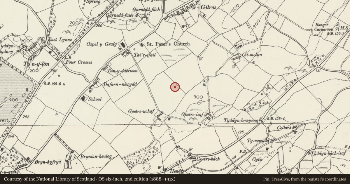 Ordnance Survey six-inch map, 2nd edition (1888–1913) covering the location of Goetre Uchaf barrow, Pentir, Gwynedd, with a pin at the register's coordinates