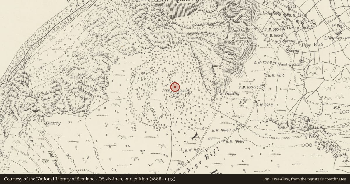 Ordnance Survey six-inch map, 2nd edition (1888–1913) covering the location of Round Cairn, Llanaelhaearn, Gwynedd, with a pin at the register's coordinates