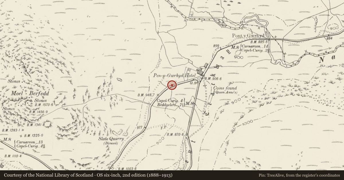 Ordnance Survey six-inch map, 2nd edition (1888–1913) covering the location of Pen-y-Gwryd Pillboxes, Beddgelert, Gwynedd, with a pin at the register's coordinates