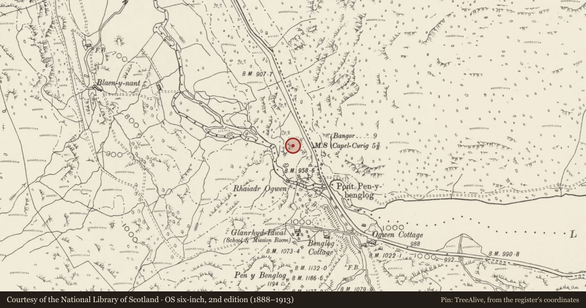 Ordnance Survey six-inch map, 2nd edition (1888–1913) covering the location of Nant Ffrancon Anti-invasion Defences, Bethesda, Gwynedd, with a pin at the register's coordinates
