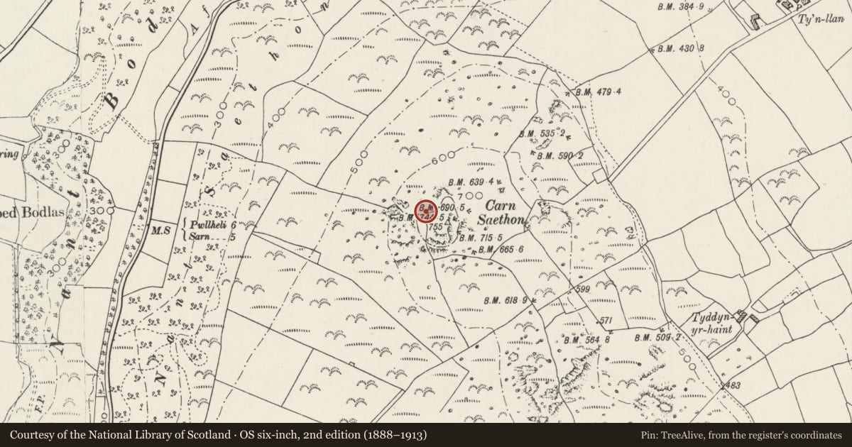 Ordnance Survey six-inch map, 2nd edition (1888–1913) covering the location of Garn Saethon Defended Settlement, Buan, Gwynedd, with a pin at the register's coordinates