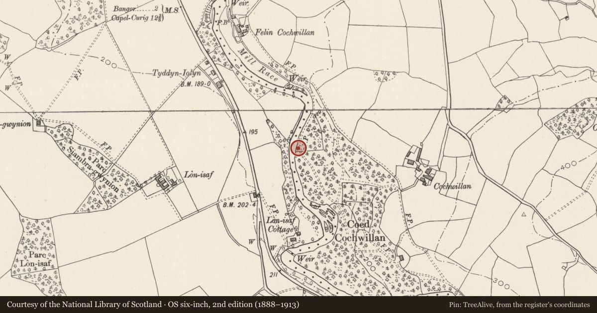 Ordnance Survey six-inch map, 2nd edition (1888–1913) covering the location of Penrhyn Slate Quarry Railroad, Llandygai, Gwynedd, with a pin at the register's coordinates