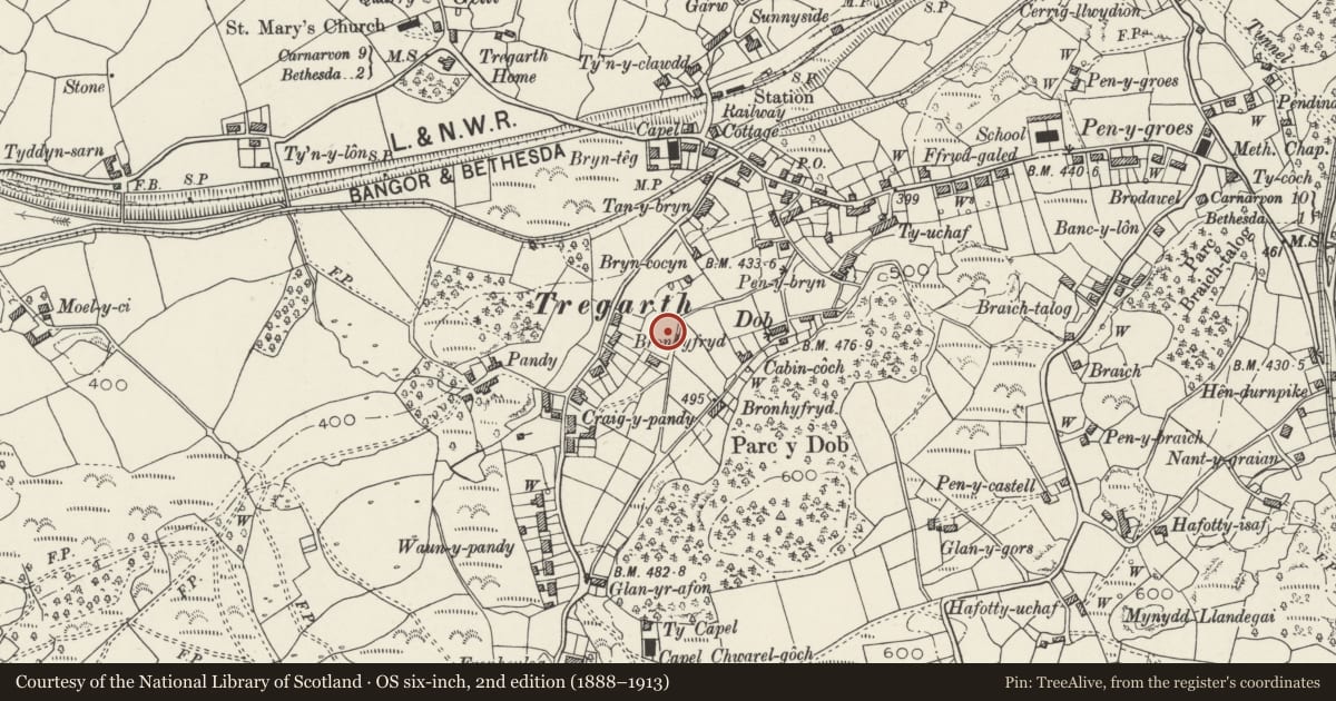 Ordnance Survey six-inch map, 2nd edition (1888–1913) covering the location of Penrhyn Quarry Railway, Llandygai, Gwynedd, with a pin at the register's coordinates