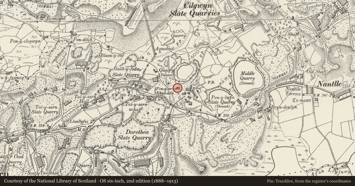 Ordnance Survey six-inch map, 2nd edition (1888–1913) covering the location of Nantlle Railway and Old Talysarn, Llanllyfni, Gwynedd, with a pin at the register's coordinates