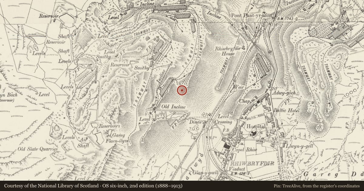 Ordnance Survey six-inch map, 2nd edition (1888–1913) covering the location of Oakeley Quarry Tips, Ffestiniog, Gwynedd, with a pin at the register's coordinates