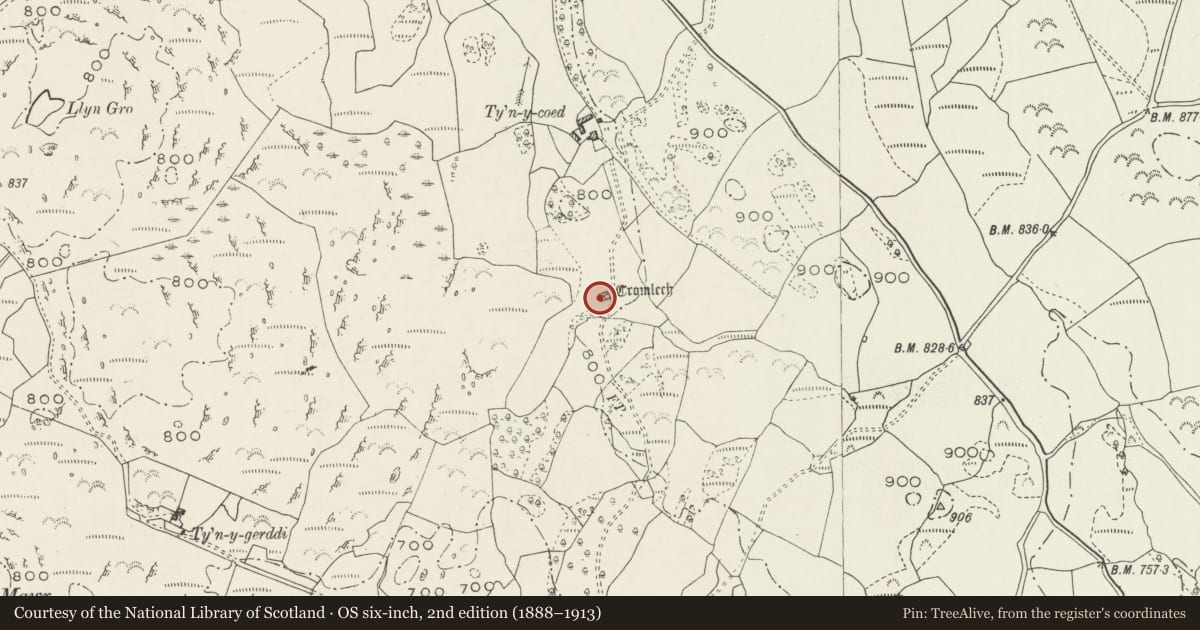 Ordnance Survey six-inch map, 2nd edition (1888–1913) covering the location of Capel Garmon Chambered Tomb, Bro Garmon, Conwy, with a pin at the register's coordinates