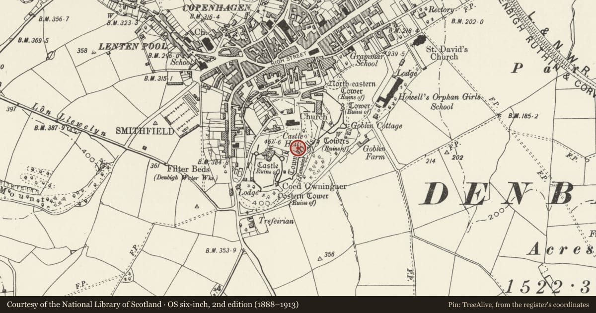 Ordnance Survey six-inch map, 2nd edition (1888–1913) covering the location of Denbigh Town Walls, Denbighshire, with a pin at the register's coordinates
