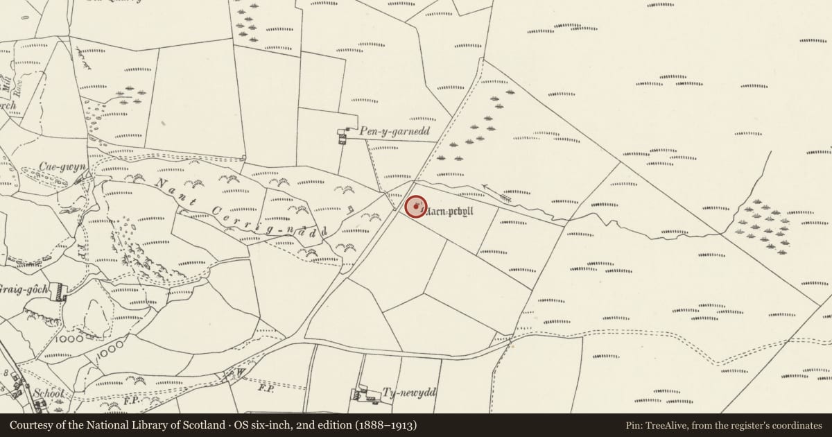 Ordnance Survey six-inch map, 2nd edition (1888–1913) covering the location of Maen-Pebyll Burial Chamber, Bro Garmon, Conwy, with a pin at the register's coordinates