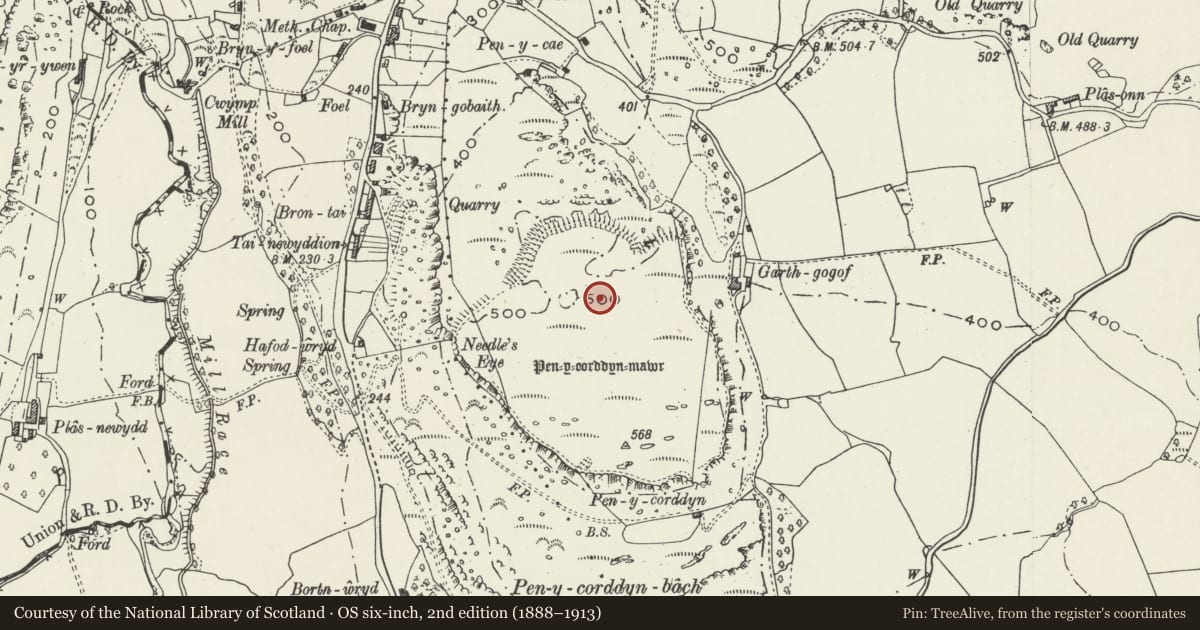 Ordnance Survey six-inch map, 2nd edition (1888–1913) covering the location of Pen-y-Corddyn Camp, Llanddulas and Rhyd-y-Foel, Conwy, with a pin at the register's coordinates