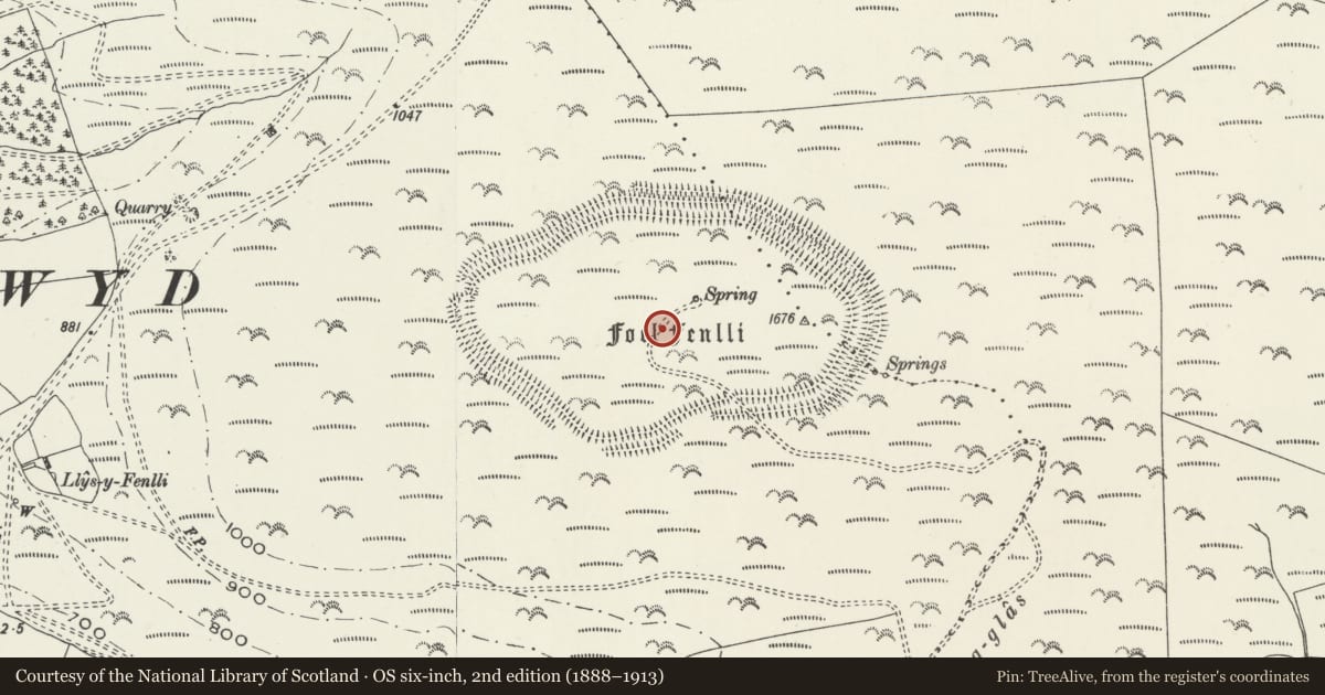 Ordnance Survey six-inch map, 2nd edition (1888–1913) covering the location of Moel Fenlli Camp, Llanbedr Dyffryn Clwyd, Denbighshire, with a pin at the register's coordinates