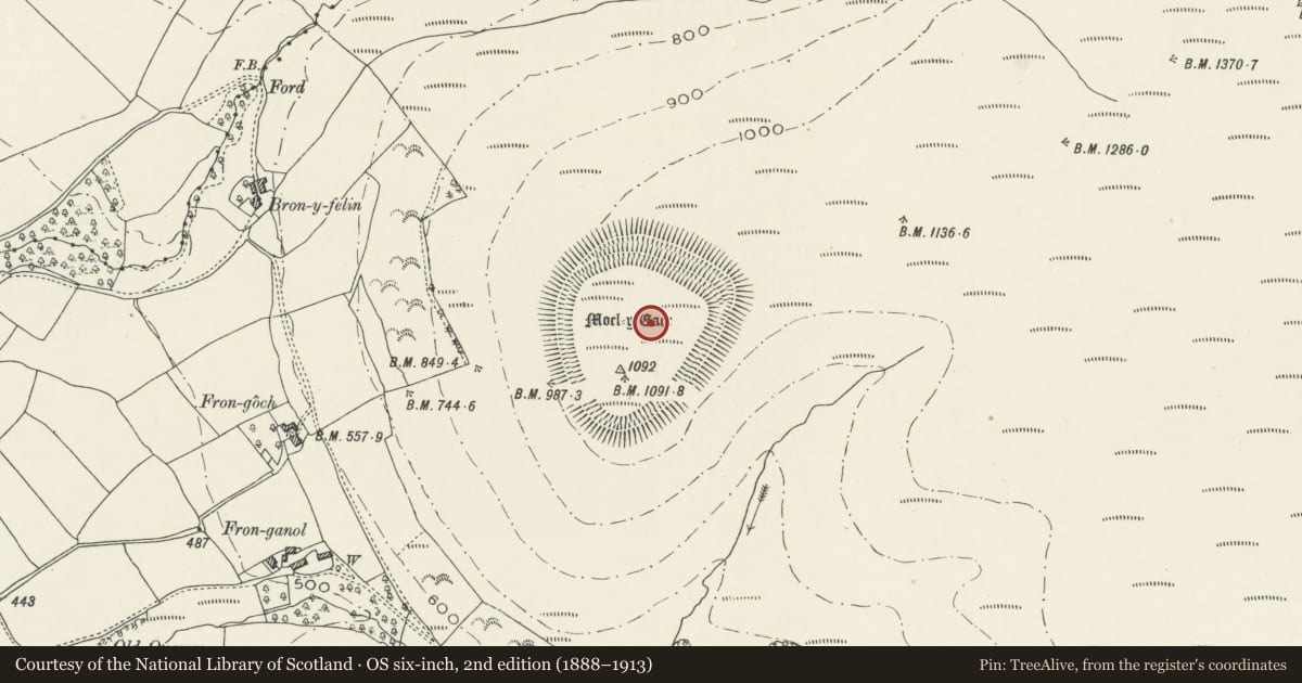 Ordnance Survey six-inch map, 2nd edition (1888–1913) covering the location of Moel-y-Gaer Camp, Llanbedr Dyffryn Clwyd, Denbighshire, with a pin at the register's coordinates