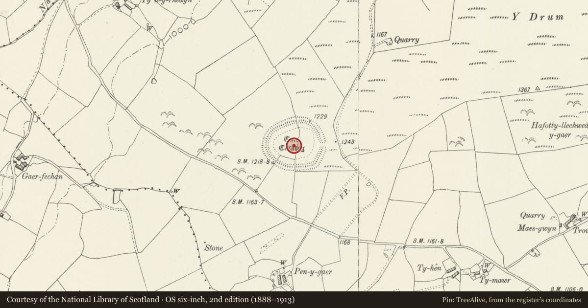 Ordnance Survey six-inch map, 2nd edition (1888–1913) covering the location of Pen-y-Gaer Camp (Caer Caradog), Llanfihangel Glyn Myfyr, Conwy, with a pin at the register's coordinates