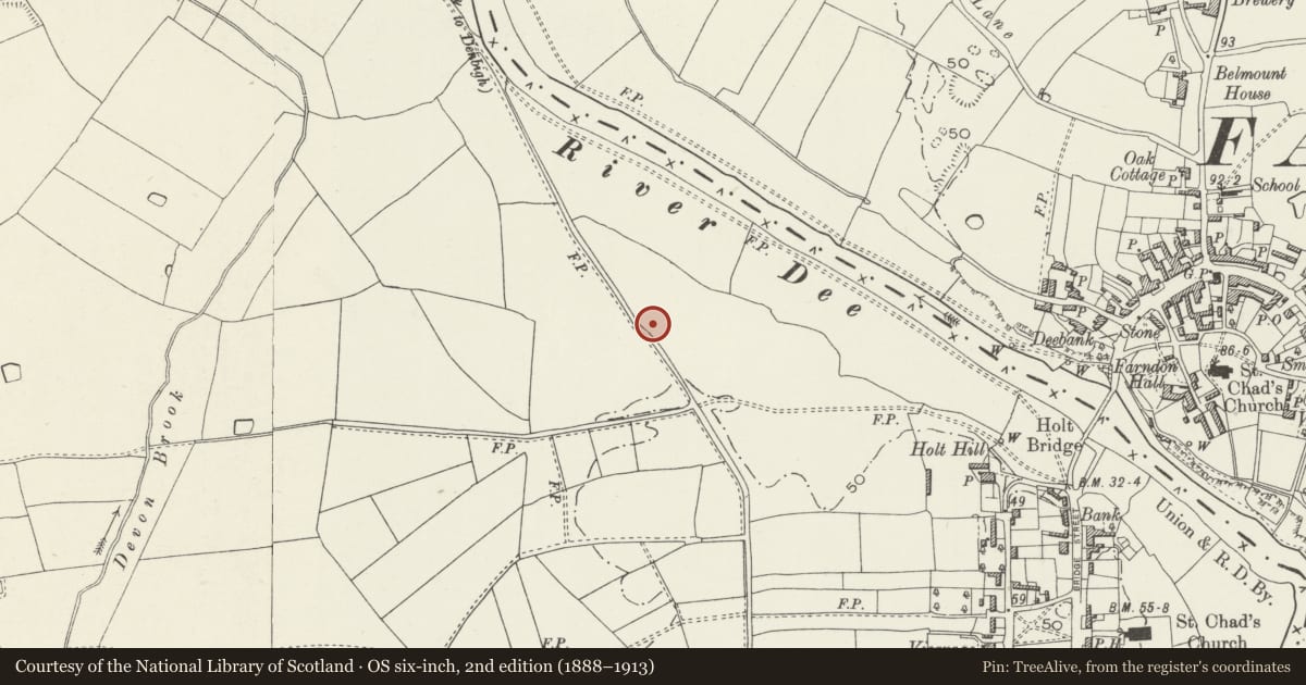 Ordnance Survey six-inch map, 2nd edition (1888–1913) covering the location of Holt Roman Settlement, Wrexham, with a pin at the register's coordinates