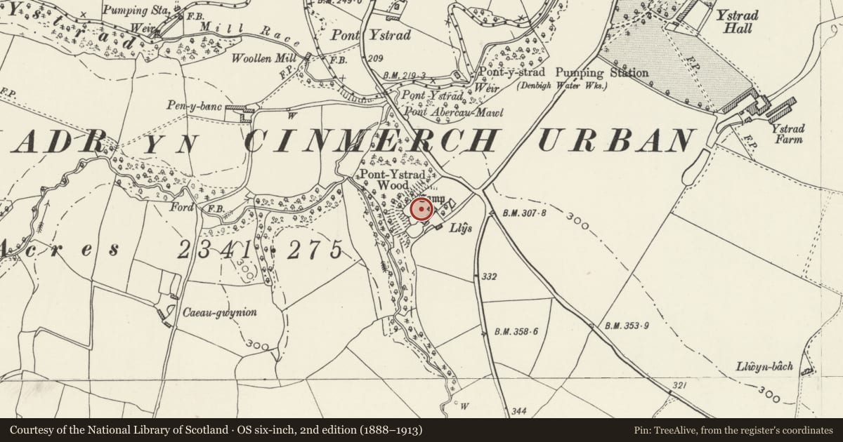 Ordnance Survey six-inch map, 2nd edition (1888–1913) covering the location of Llys Gwenllian Mound & Bailey, Denbigh, Denbighshire, with a pin at the register's coordinates