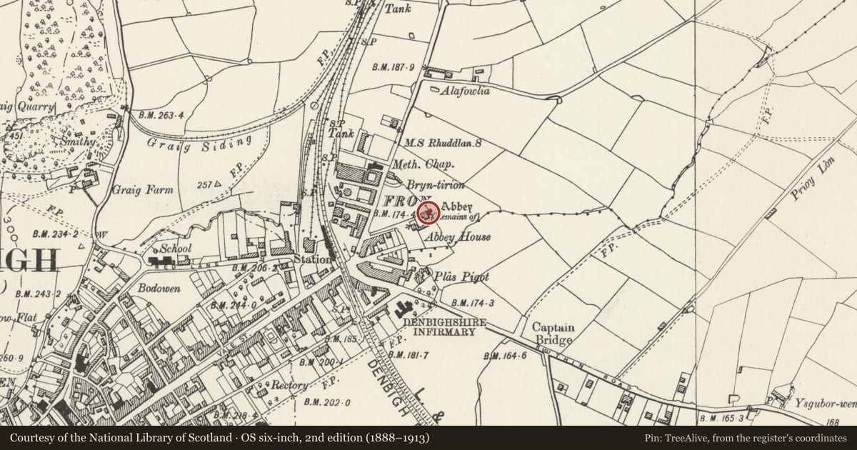 Ordnance Survey six-inch map, 2nd edition (1888–1913) covering the location of Denbigh Friary Church, Denbighshire, with a pin at the register's coordinates