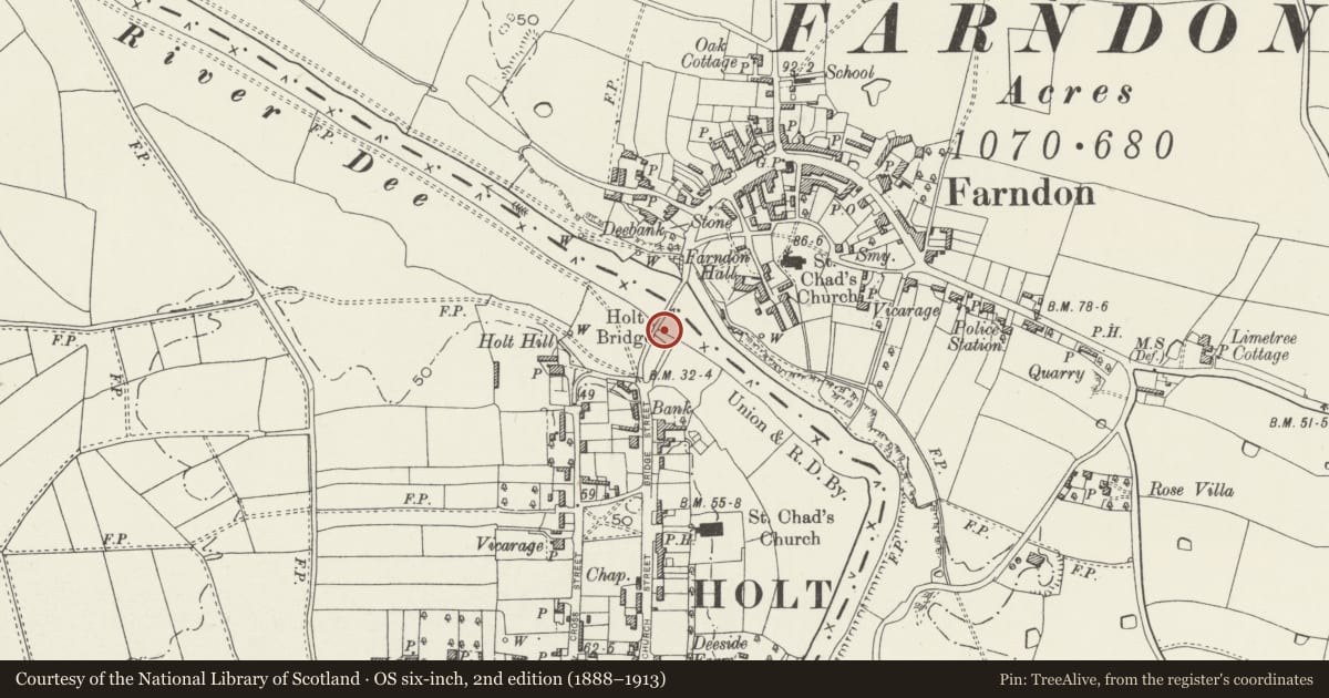 Ordnance Survey six-inch map, 2nd edition (1888–1913) covering the location of Holt Bridge, Wrexham, with a pin at the register's coordinates