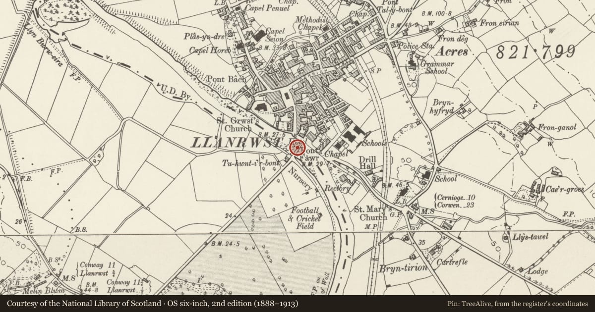 Ordnance Survey six-inch map, 2nd edition (1888–1913) covering the location of Llanrwst Bridge, Conwy, with a pin at the register's coordinates
