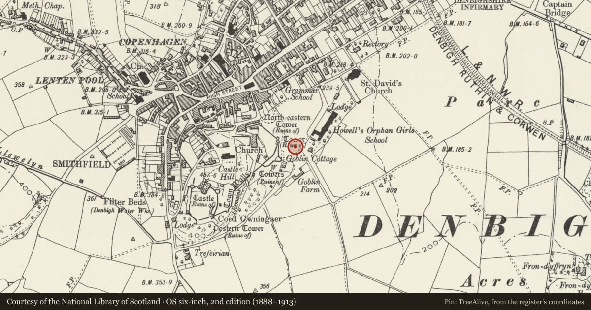 Ordnance Survey six-inch map, 2nd edition (1888–1913) covering the location of Civil War Earthworks, Denbigh, Denbighshire, with a pin at the register's coordinates