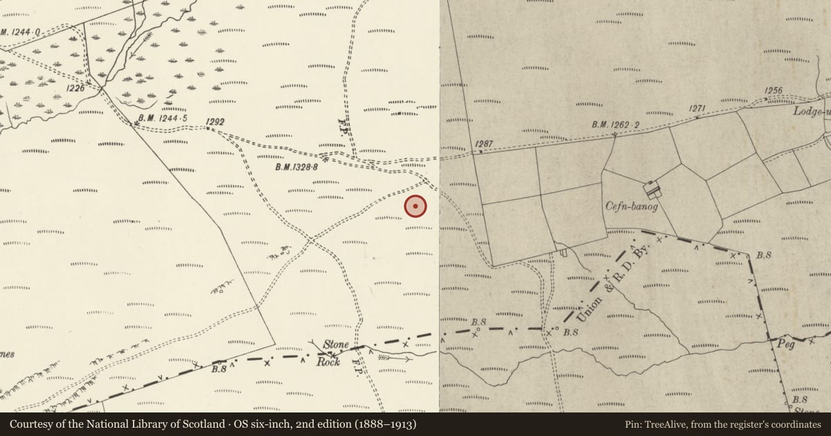 Ordnance Survey six-inch map, 2nd edition (1888–1913) covering the location of Cefn Banog Ancient Village, Llanfihangel Glyn Myfyr, Conwy, with a pin at the register's coordinates