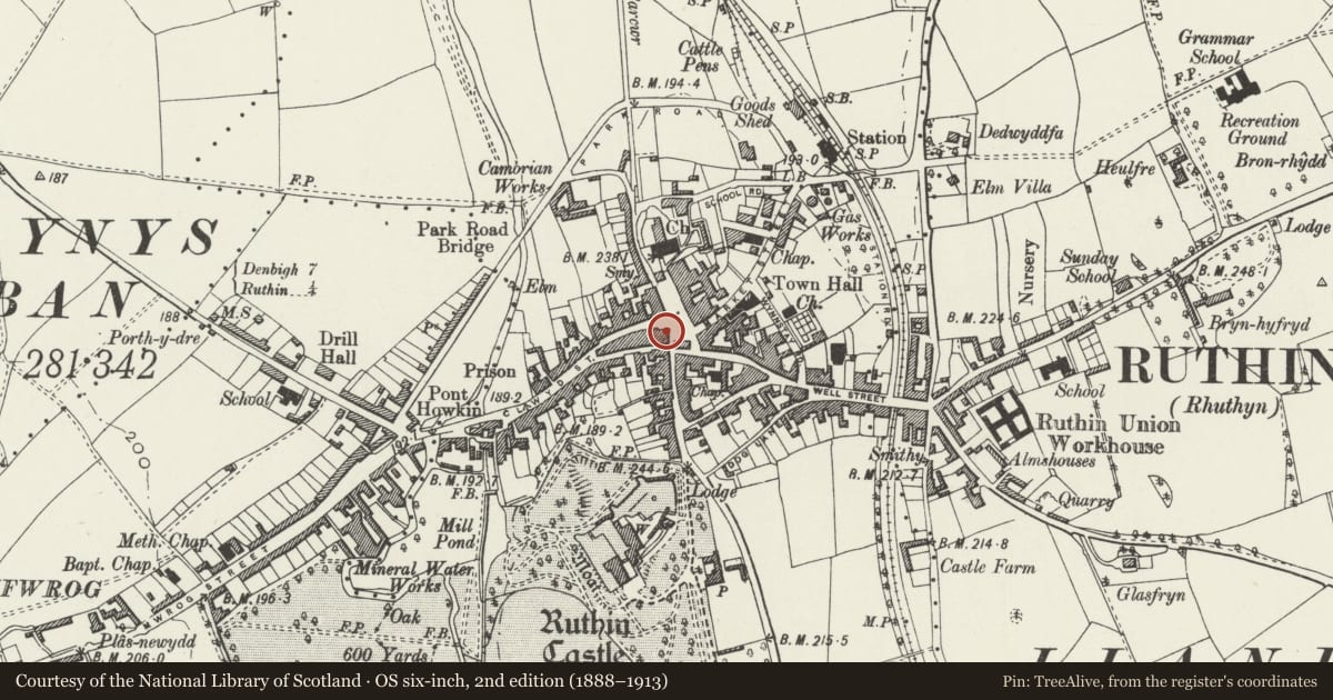 Ordnance Survey six-inch map, 2nd edition (1888–1913) covering the location of Maen Huail Historic Stone, Ruthin, Denbighshire, with a pin at the register's coordinates
