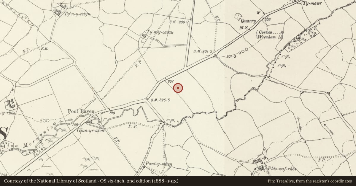 Ordnance Survey six-inch map, 2nd edition (1888–1913) covering the location of Ty Mawr Round Barrows, Bryneglwys, Denbighshire, with a pin at the register's coordinates