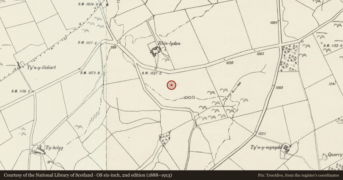 Ordnance Survey six-inch map, 2nd edition (1888–1913) covering the location of Rhos Lydan Round Barrows, Bryneglwys, Denbighshire, with a pin at the register's coordinates