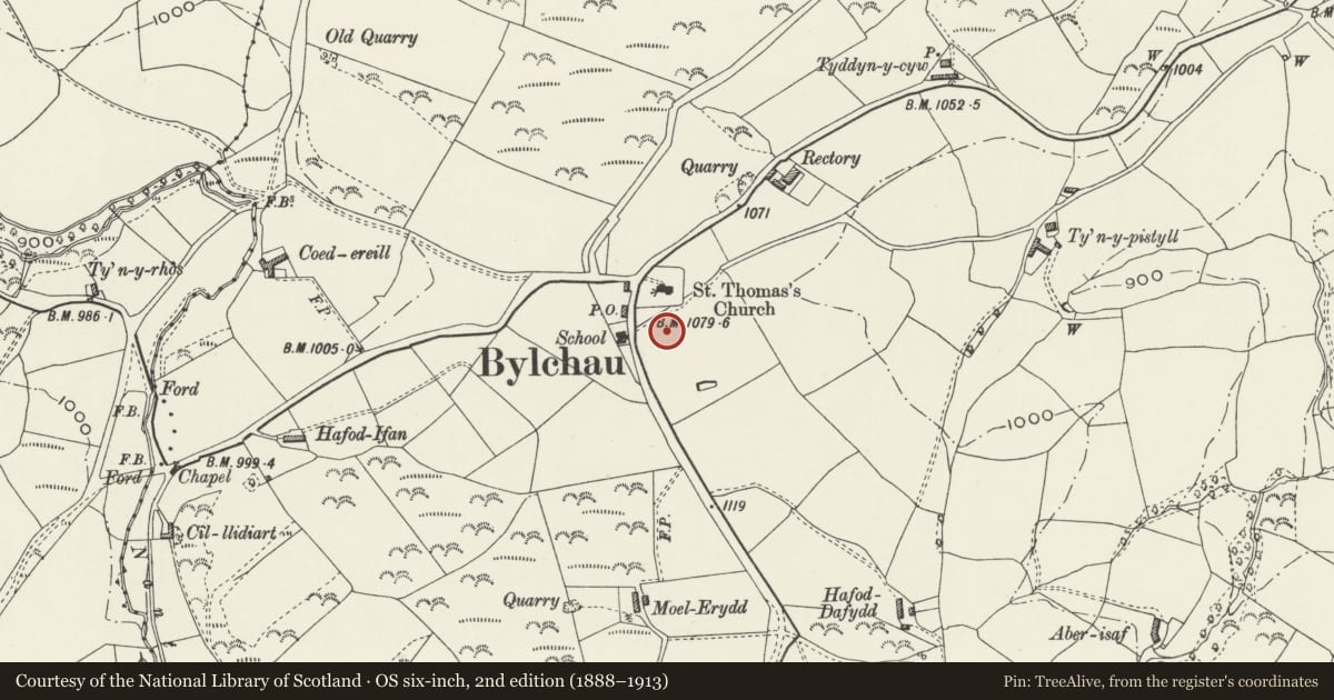 Ordnance Survey six-inch map, 2nd edition (1888–1913) covering the location of Bylchau Church Round Barrows, Llansannan, Conwy, with a pin at the register's coordinates