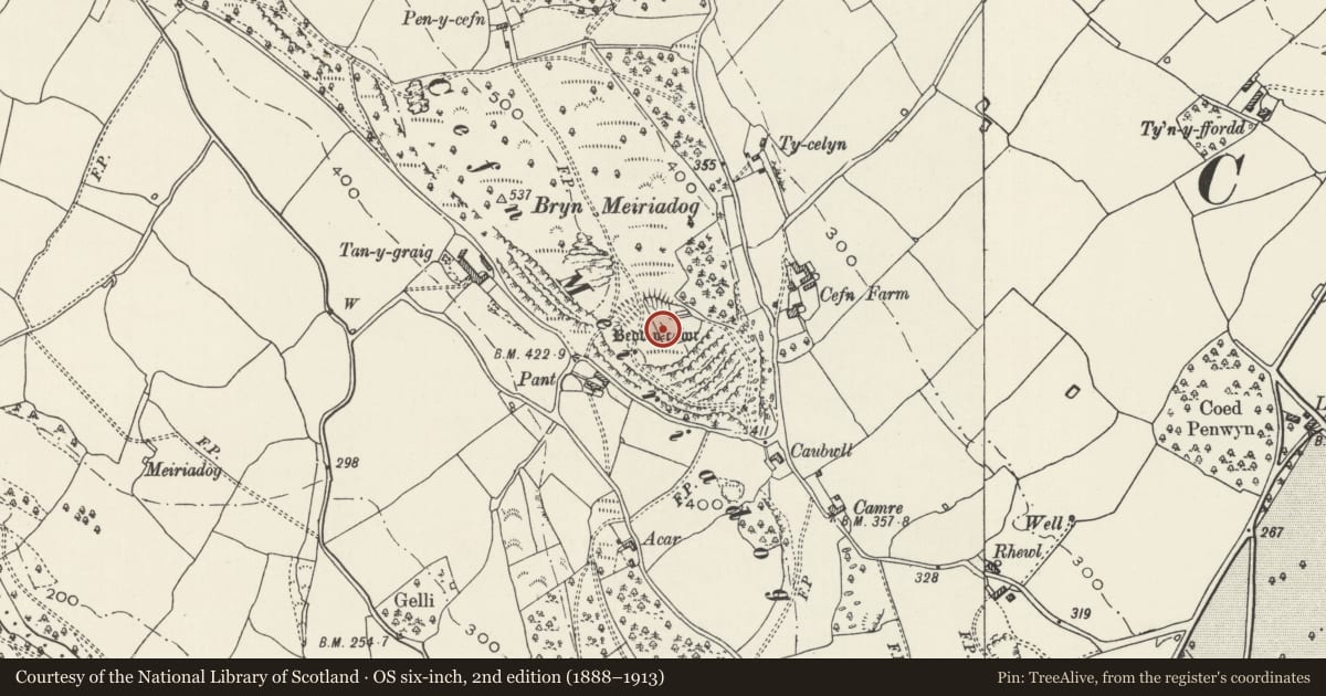 Ordnance Survey six-inch map, 2nd edition (1888–1913) covering the location of Bedd-y-Cawr Hillfort, Cefnmeiriadog, Denbighshire, with a pin at the register's coordinates