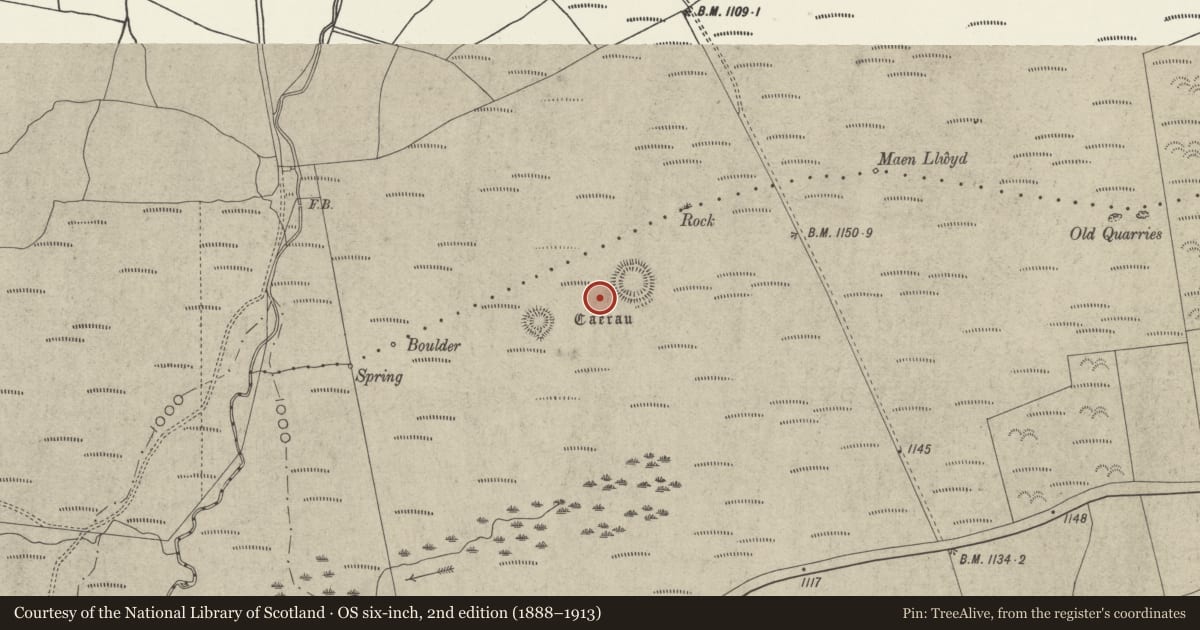 Ordnance Survey six-inch map, 2nd edition (1888–1913) covering the location of Pont Petryal Caerau Circles, Clocaenog, Denbighshire, with a pin at the register's coordinates