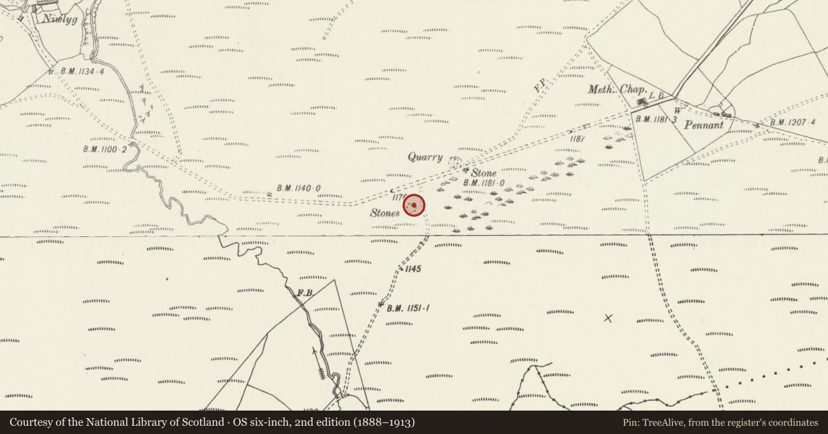 Ordnance Survey six-inch map, 2nd edition (1888–1913) covering the location of Capel Hiraethog Round Barrow, Cyffylliog, Denbighshire, with a pin at the register's coordinates