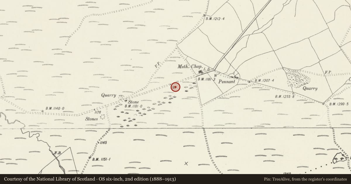Ordnance Survey six-inch map, 2nd edition (1888–1913) covering the location of Capel Hiraethog Earth Circles, Cyffylliog, Denbighshire, with a pin at the register's coordinates