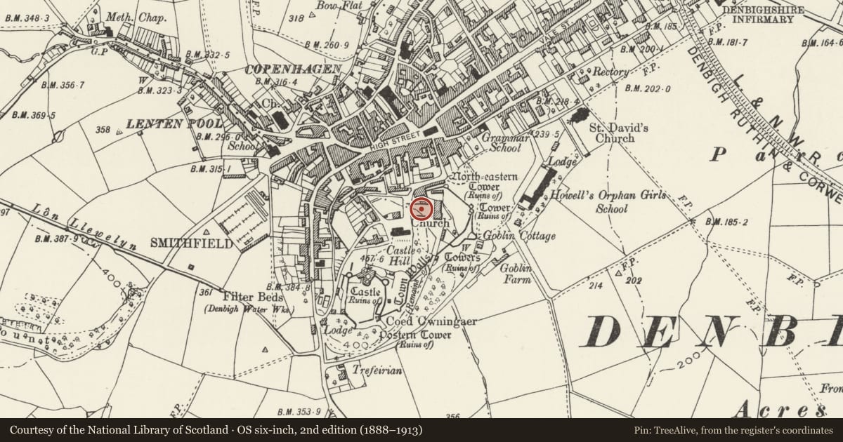 Ordnance Survey six-inch map, 2nd edition (1888–1913) covering the location of Earl of Leicester's Church, Denbigh, Denbighshire, with a pin at the register's coordinates