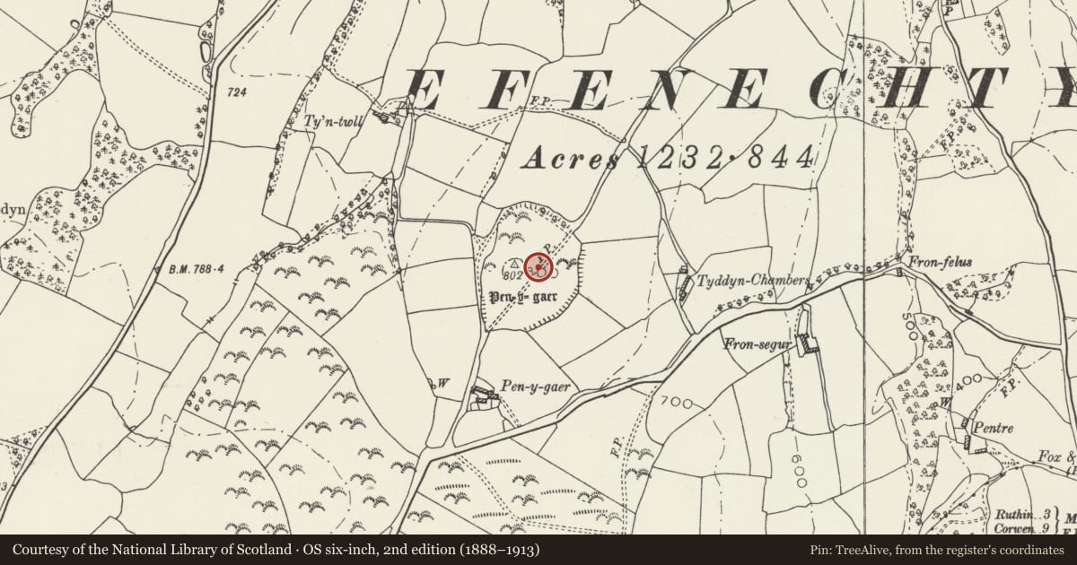 Ordnance Survey six-inch map, 2nd edition (1888–1913) covering the location of Pen-y-Gaer Camp, Efenechtyd, Denbighshire, with a pin at the register's coordinates