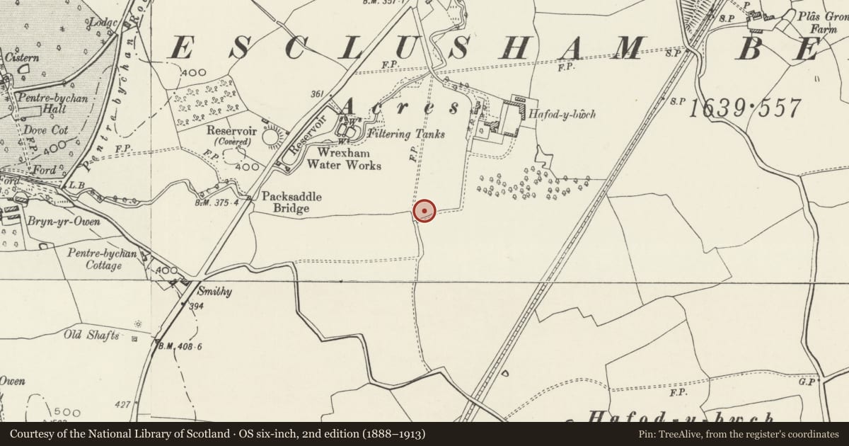 Ordnance Survey six-inch map, 2nd edition (1888–1913) covering the location of Hadfod-y-Bwlch Round Barrow, Esclusham, Wrexham, with a pin at the register's coordinates