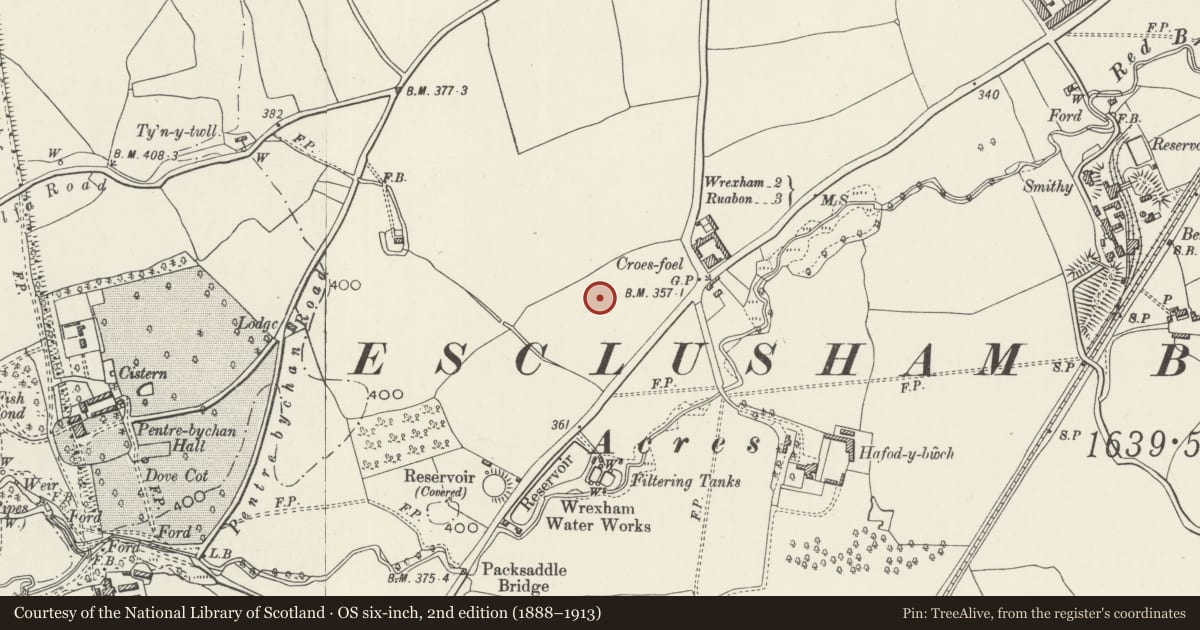 Ordnance Survey six-inch map, 2nd edition (1888–1913) covering the location of Croes-Foel Round Barrow, Esclusham, Wrexham, with a pin at the register's coordinates
