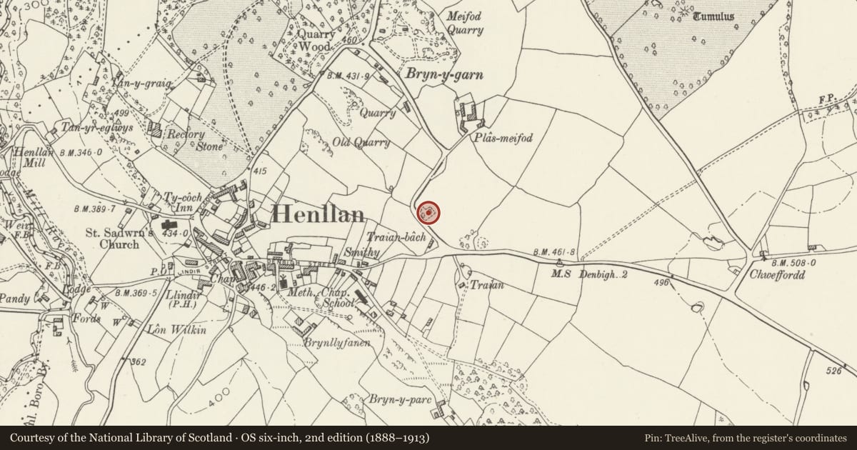 Ordnance Survey six-inch map, 2nd edition (1888–1913) covering the location of Plas-Meifod Round Barrow, Henllan, Denbighshire, with a pin at the register's coordinates