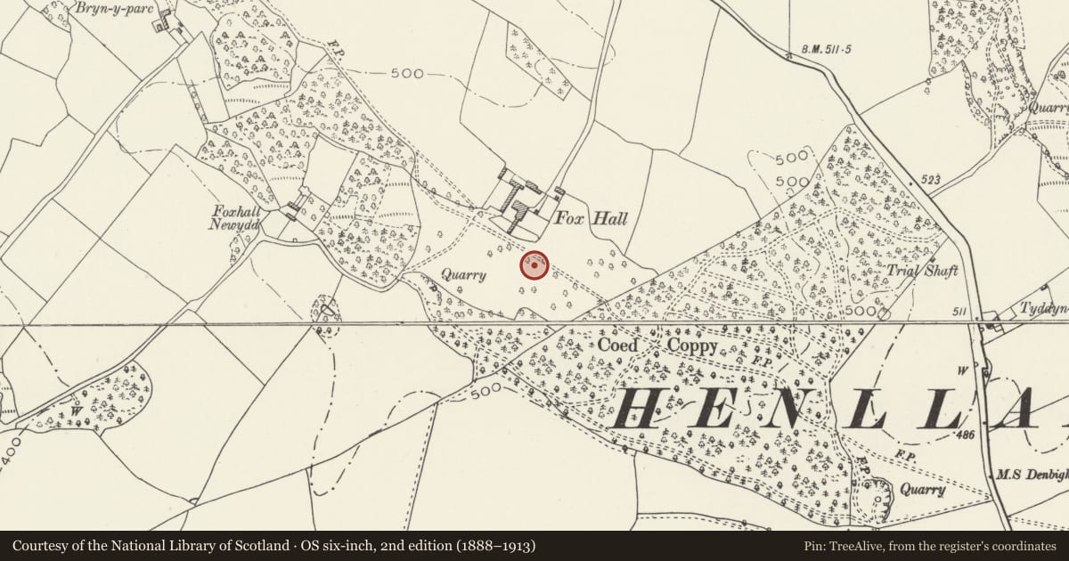 Ordnance Survey six-inch map, 2nd edition (1888–1913) covering the location of Old Foxhall Round Barrow, Henllan, Denbighshire, with a pin at the register's coordinates