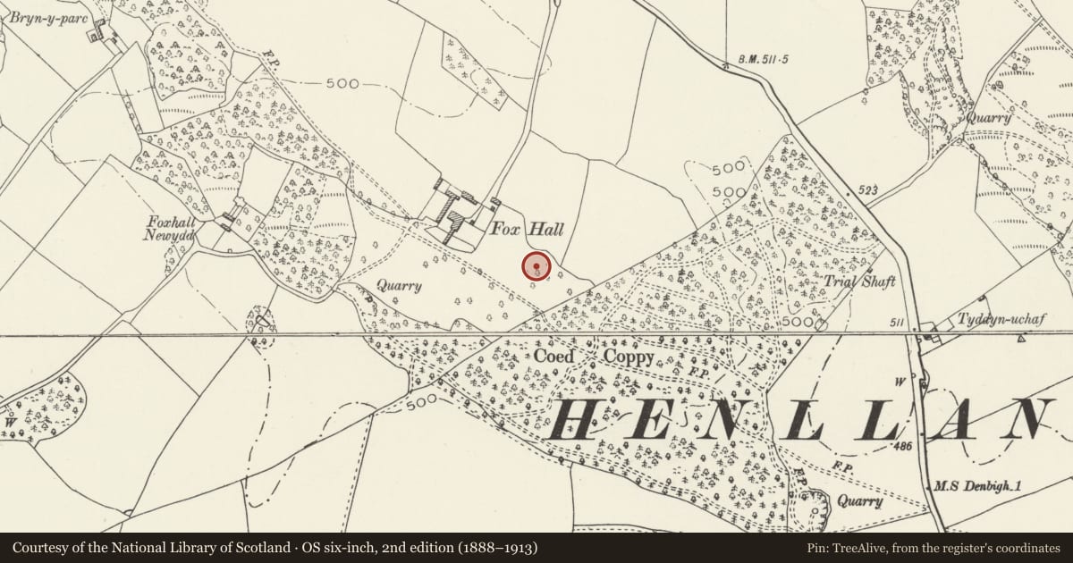 Ordnance Survey six-inch map, 2nd edition (1888–1913) covering the location of Old Foxhall Earth Circle, Henllan, Denbighshire, with a pin at the register's coordinates
