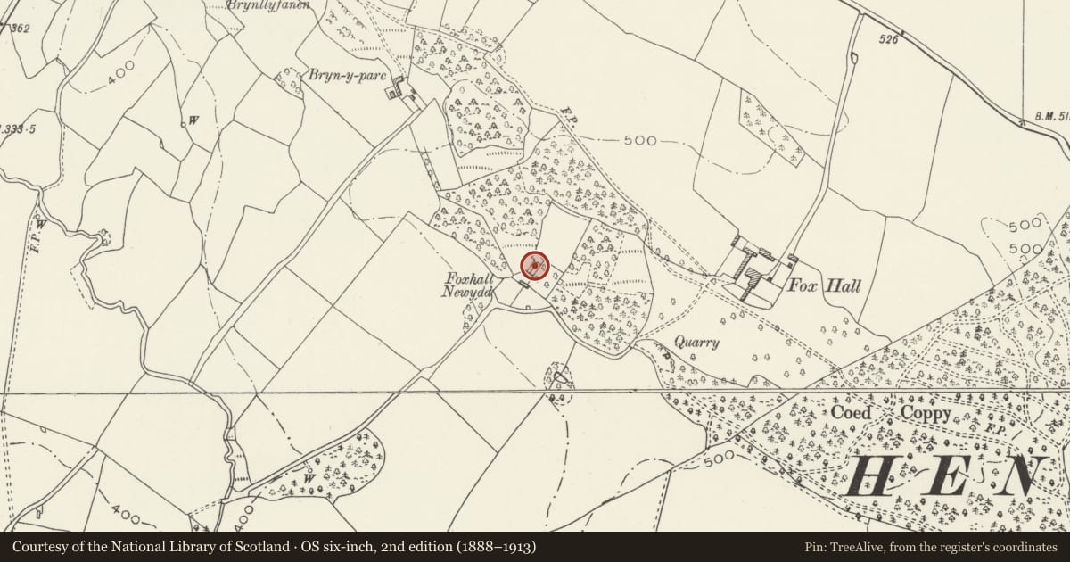 Ordnance Survey six-inch map, 2nd edition (1888–1913) covering the location of New Foxhall House, Henllan, Denbighshire, with a pin at the register's coordinates